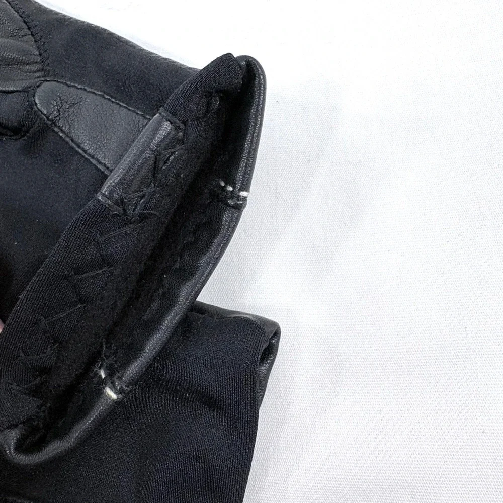 Aris Isotoner Gloves Black Leather Spandex Contrast Stitch Style 60409 Womens ML